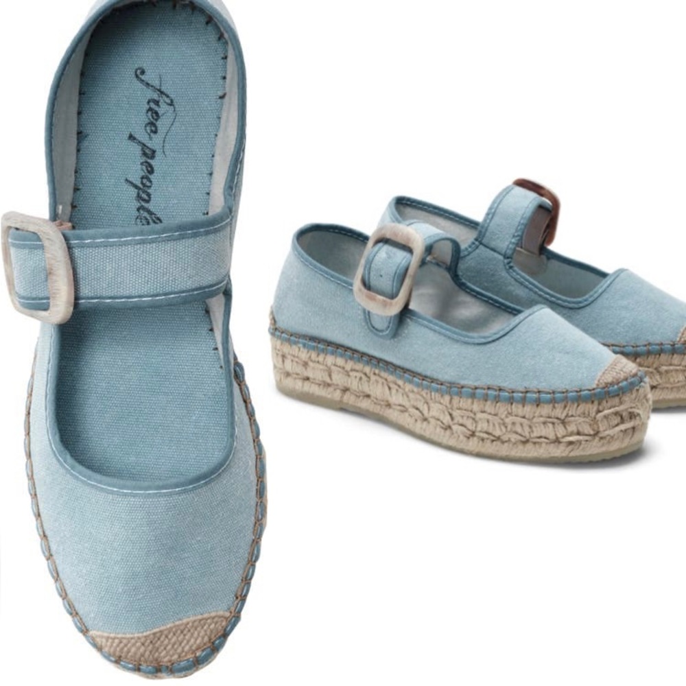 Free People Surfside Mary Jane Espadrille Platform Size 7 Blue $148 Retail